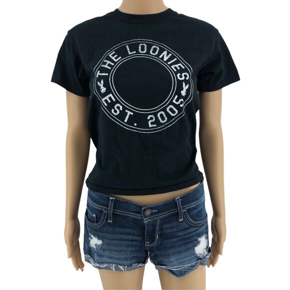 Gildan SMALL Women's Black Distressed The Loonies Crop Short Sleeve Tee Shirt - Picture 1 of 5